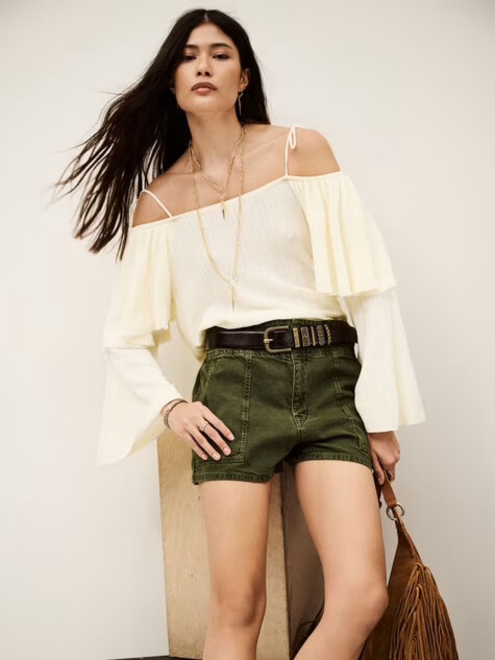 ba&sh Vala Cream Off-Shoulder Knit Top with Tassel Ties - Picture 1 of 16